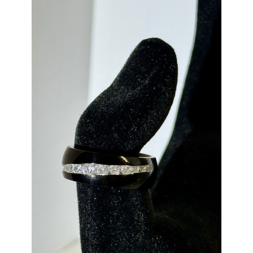 The Brillance Black Stainless Steel Wedding Band 12 Channel Set CZs Sz6
